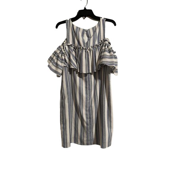Gianni Bini Women's Medium Blue White Striped Off Shoulder Ruffle Mini Dress - Picture 8 of 13